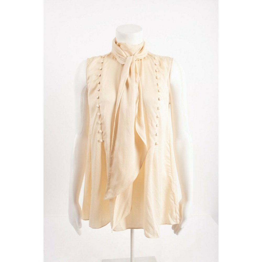 Massimo Dutti Womens Top Blouse Buttons Tied L Ecru Sleeveless 5702/565 NWT